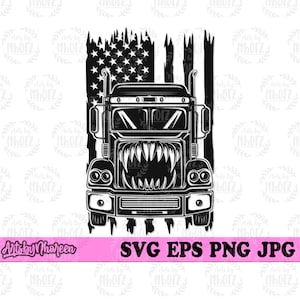 Puede incluir: Ilustración en blanco y negro de un camión de plataforma con una parrilla de boca de monstruo. El camión está delante de una bandera estadounidense desgastada.