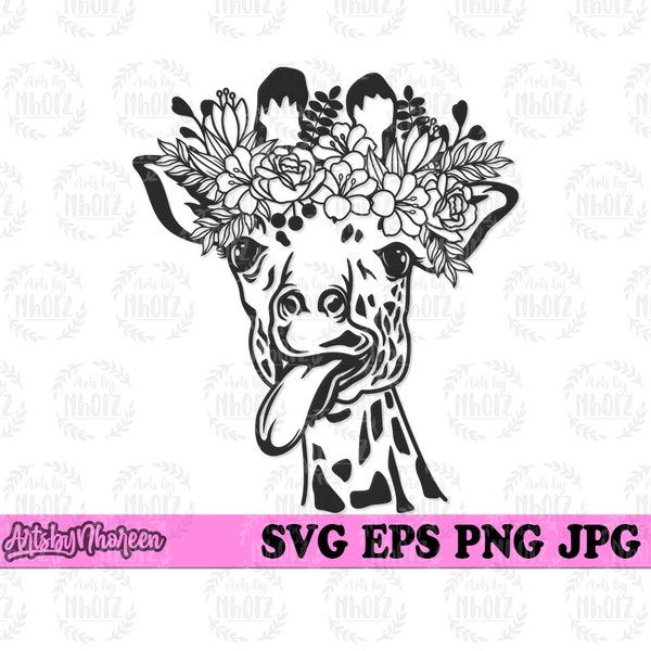 Funny Floral Giraffe svg, Cute Safari Animal Clipart, Long Neck Wild Cut File, Flower Head Giraffe Tongue Out  Stencil, Zoo Keeper Gift Idea