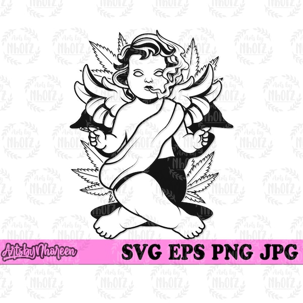 Angel Smoking Weed svg, High Cupid Clipart, Kush Life T-shirt Design png, Cannabis Cut File, Marijuana Stencil, Rolling Joint Dope 420 dxf