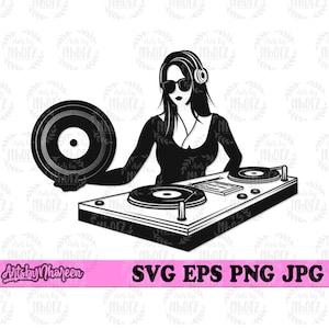May include: Black and white silhouette of a woman wearing headphones and sunglasses, holding a vinyl record and standing behind a DJ mixer.