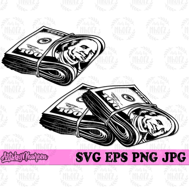 May include: Black and white illustration of two stacks of rolled up &pound;100 notes with rubber bands. The notes are stacked and rolled up, with the portrait of Benjamin Franklin visible on the front of the notes.