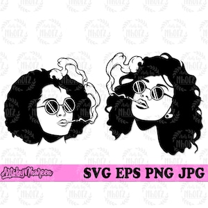 May include: Two black and white illustrations of women with curly hair, wearing sunglasses and smoking. One woman is looking to the side and the other is looking up.