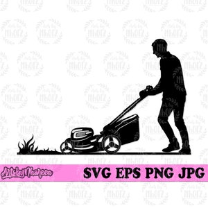 May include: Black silhouette of a person mowing the lawn with a push lawnmower. The person is on the right side of the image and the lawnmower is on the left side of the image.