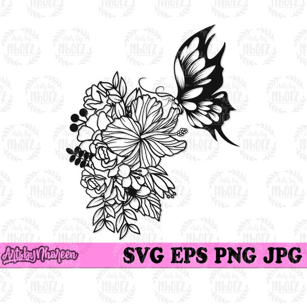 Floral Butterfly svg, Flower Farm Jpeg Clipart, Beautiful Flying Insect Stencil, Bouquet Cut File, Butterfly Garden Monogram, Rose, Tulips