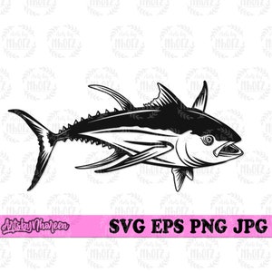 Puede incluir: Silueta en blanco y negro de un atún con un diseño detallado. El pez está mirando hacia la derecha y tiene una boca grande abierta. La imagen es adecuada para usar como elemento de diseño gráfico o para imprimir en camisetas, tazas u otros productos.