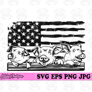 May include: Black and white illustration of three pigs peeking over a wooden fence with an American flag behind them. The flag is distressed and has a grunge effect.