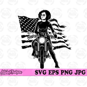 US Girl Biker Afro svg, Pretty Black Lady Rider Clipart, Mom Life Motorrad Shop Besitzer Jpeg dxf, Reiten Partner Plotterdatei, Motorrad DXF
