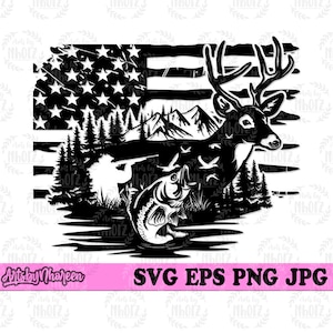 US Deer Duck Fish Hunting svg, Hunter T-shirt Design png, Outdoor Scene Clipart, Lake View Cut File, Camping Life Stencil, Antler Gift Idea