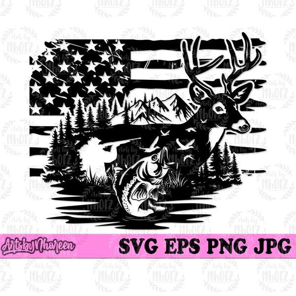 US Deer Duck Fish Hunting svg, Hunter T-shirt Design png, Outdoor Scene Clipart, Lake View Cut File, Camping Life Stencil, Antler Gift Idea