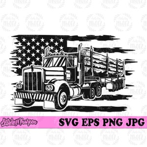 May include: Black and white illustration of a semi-truck hauling logs, with an American flag in the background. The truck is facing the viewer, and the logs are stacked high on the trailer. The flag is a distressed design, with a faded look.