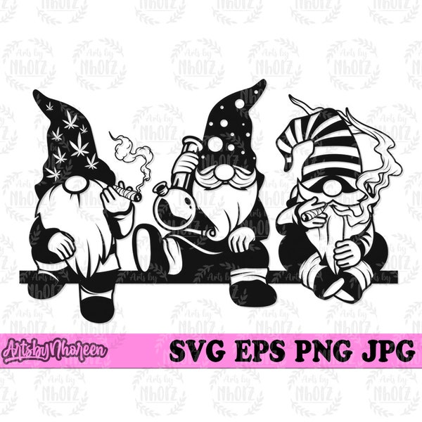 3 Gnomes Smoking Weed svg, 420 Cut Files, Cannabis Blunt Stencil, Rasta Gnome Smoking Joint Clipart, High Dope Elf dxf, Marihuana Shirt png