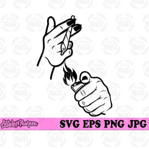 Puede incluir: Ilustración en blanco y negro de línea de arte de una mano sosteniendo un cigarrillo encendido y otra mano sosteniendo un encendedor.
