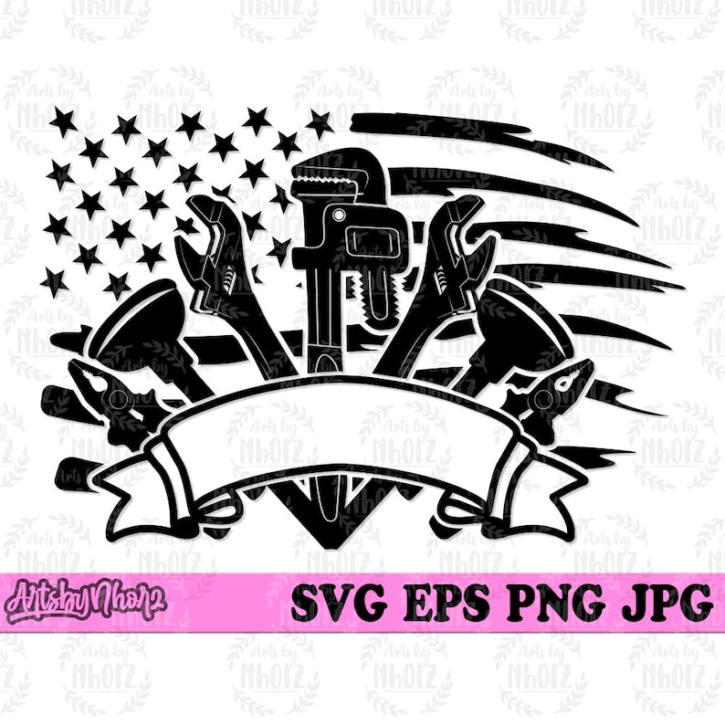 May include: Black and white silhouette of a wrench, pipe wrench, and pliers with a banner in the center. The tools are arranged in a heart shape with an American flag in the background.