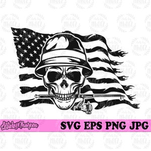 Può includere: Illustrazione in bianco e nero di uno scheletro con un cappello da pesca e che tiene una canna da pesca. Lo scheletro è davanti a una bandiera americana usurata.