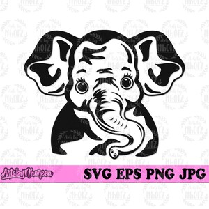 Puede incluir: Ilustración en blanco y negro de la cabeza de un elefante con orejas grandes y ojos grandes. La trompa del elefante está enroscada y la punta de la trompa es visible.