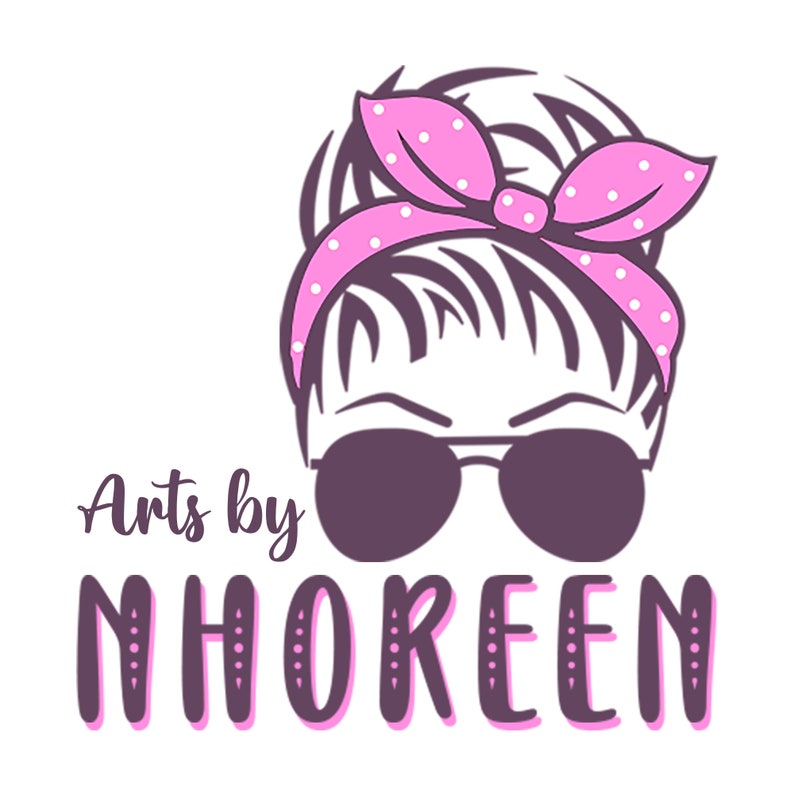 May include: A logo for a business called "Arts by Nhoreen". The logo features a cartoon illustration of a woman with a pink polka dot headband and sunglasses.