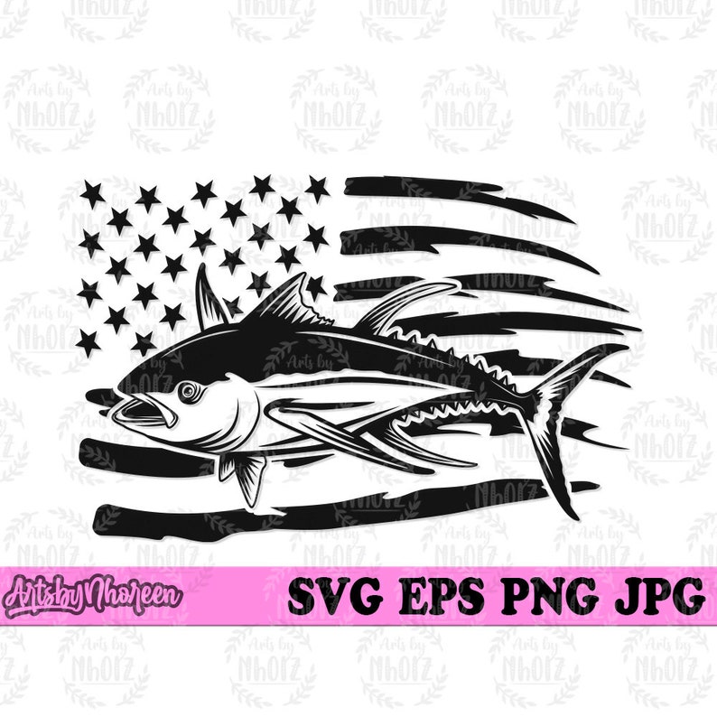 May include: Black and white silhouette of a tuna fish swimming in front of a distressed American flag. The flag has a white field of stars and red and white stripes.