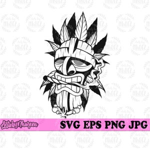 May include: Black and white line art illustration of a tiki mask with a marijuana leaf headdress smoking a joint.