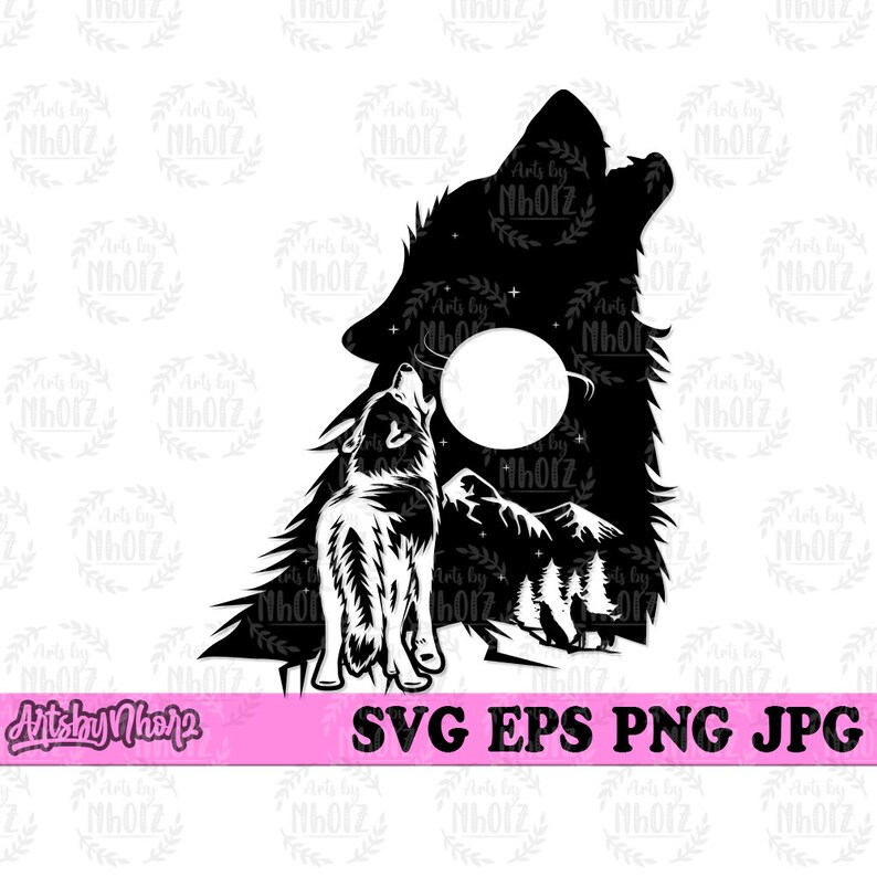 May include: Black and white silhouette of a wolf howling at the moon with mountains and trees in the background. The wolf's silhouette is layered over another wolf howling at the moon.
