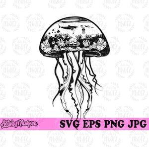 May include: Black and white silhouette of a jellyfish with a detailed illustration of an underwater scene inside the bell. The scene includes coral, seaweed, a fish, and other marine life.