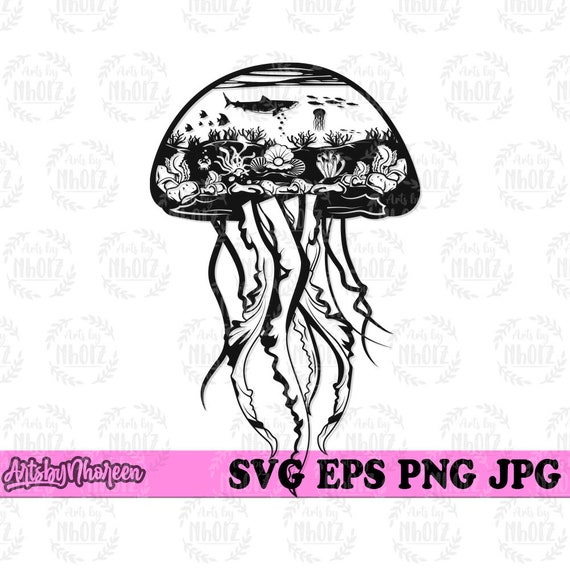 Jelly Fish Ocean Scene svg, Marine Life Cut File, Underwater Animal Clipart, Tropical Vibes dxf, Beach Shirt png, Salt Life Cutfile, Sea dxf