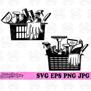May include: Two black and white illustrations of cleaning supplies in a basket. The first image shows a basket filled with cleaning supplies, including spray bottles, sponges, and a squeegee. The second image shows a basket filled with cleaning supplies, including spray bottles, a squeegee, and a sponge.