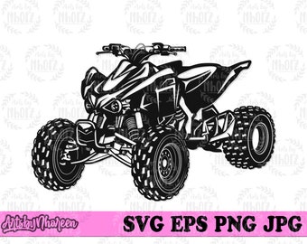 May include: Black and white illustration of an ATV, featuring large, knobby tires and detailed mechanical components. The design includes handlebars, a seat, and a sturdy frame, perfect for off-road adventures. The image also includes the text "SVG EPS PNG JPG".