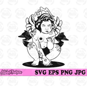 May include: Black and white line art illustration of a cherub with wings, sitting with its legs crossed, smoking a cigarette and holding a marijuana leaf. The cherub has tattoos on its arms and legs.