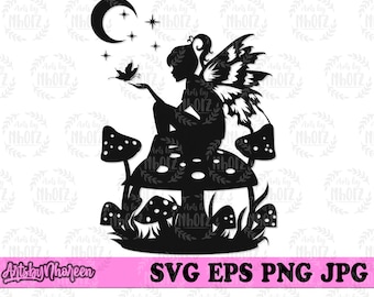 Fairy svg, Mystical Fairy Clipart, Fairy on Wild Forest on top of Mushroom Stencil, Magical Fairy Sitting Cut File, Celestial Creature png