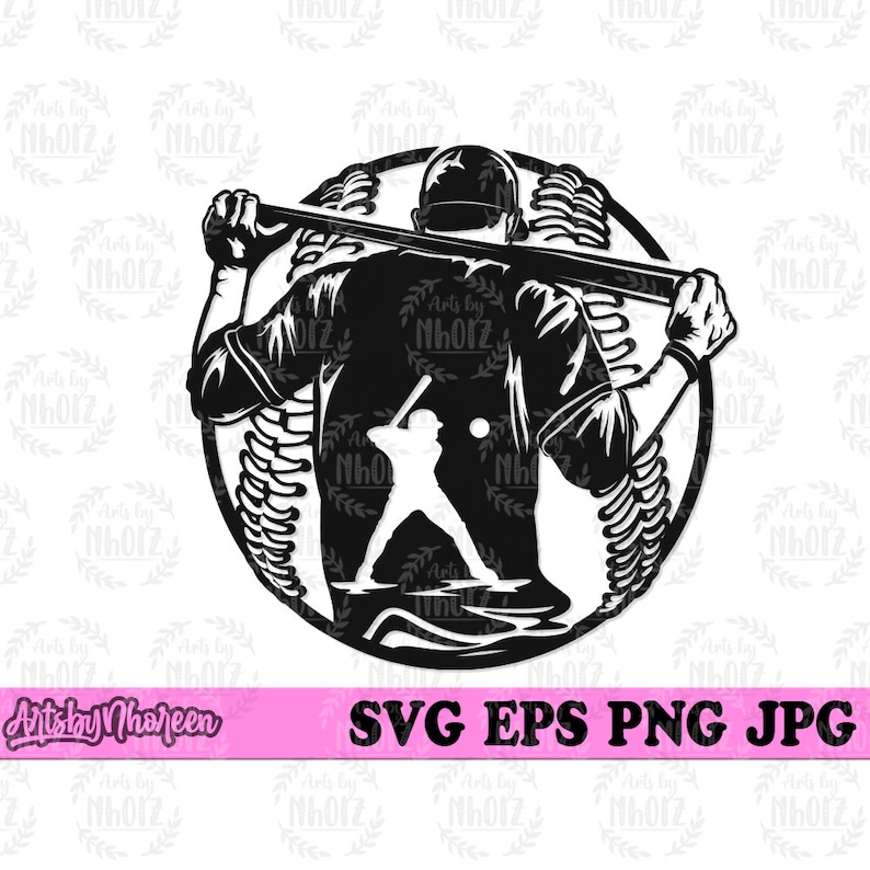 May include: Black and white silhouette of a baseball player holding a bat, standing in front of a baseball. The player is wearing a baseball cap and uniform. The baseball has stitching details.