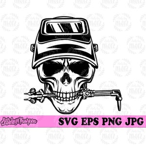 May include: Black and white illustration of a skull wearing a welding helmet and holding a welding torch in its teeth.
