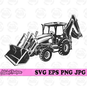 May include: Black and white illustration of a backhoe loader. The image shows the front bucket and rear arm of the construction vehicle. The text "Artsby Nhooreen" and "SVG EPS PNG JPG" are displayed.