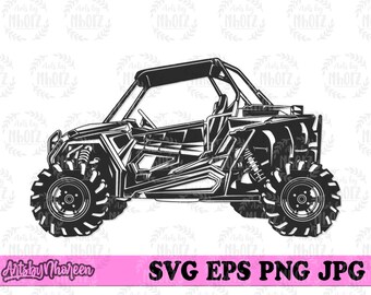 May include: Black and white illustration of an off-road vehicle, featuring large tires, a roll cage, and detailed mechanical components. The image includes the text "SVG EPS PNG JPG" on a pink banner, and the artist's name.