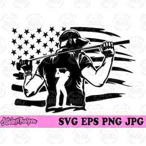 Pode incluir: Silhueta preta e branca de um golfista segurando um taco de golfe na frente de uma bandeira americana. O golfista está usando um boné e uma camisa de colarinho. A bandeira é estilizada com um visual desgastado.