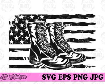 May include: Black and white illustration of a pair of military boots on a distressed American flag background.