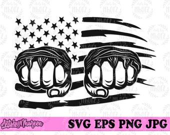 May include: Black and white illustration of two fists clenched together in front of a distressed American flag. The flag is in the background and has a white field of stars and red and white stripes.