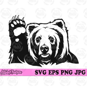Peeking Bear svg, Waving Hi Animal Clipart, Wild Life Beast Stencil, Cute Grizzly Cut File, Forest Monster svg, Camping View dxf, Camp Scene
