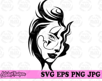 Joker Chic svg, Sexy Woman Clipart, Pretty Girl Stencil, Hooligan Cut File, Hipster Shirt png, Mafia Killer Smile Cutfile, Lady Clown dxf