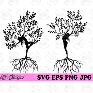 May include: Two black silhouette images of a woman standing in a tree with roots. The woman is in a tree pose with her arms raised above her head. The trees have a thick trunk and many branches. The roots are spread out at the base of the tree.
