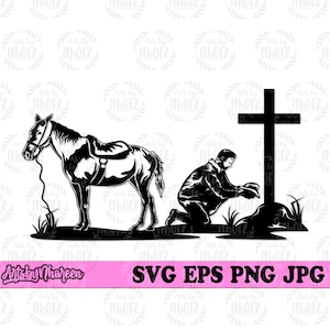 Cowboy Kneeling in Cross svg, Western  Clipart, Memorial Day Cut File, In Memory Stencil, Cowboy Rider Dad Shirt png, Boho Horse Riding dxf