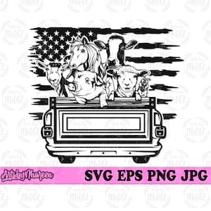 US Farm Animals in Farm Truck svg, Peeking Pig Clipart, Farm Goat Cut File, Horse Barn Stencil, Cow Milk dxf, Sheep and Chicken T-shirt png