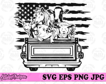 US Farm Animals in Farm Truck svg, Peeking Pig Clipart, Farm Goat Cut File, Horse Barn Stencil, Cow Milk dxf, Sheep and Chicken T-shirt png