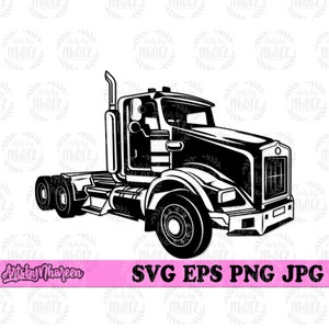 Puede incluir: Silueta en blanco y negro de un camión de plataforma con un remolque de plataforma. El camión tiene una cabina grande con un asiento de conductor y una parrilla grande. El remolque está vacío.