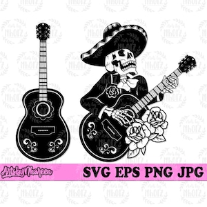 Mexican Skull svg, Musician Gift Idea T-shirt Design png, La Muerta Cut File, Day of the Dead Clipart, Calaveras Stencil, Life and Death dxf