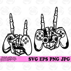 Op de afbeelding: Twee zwarte en witte skelethandjes die een paar videogamecontrollers omhoog houden. De controllers hebben knoppen met de labels A, B, X, Y en een directionele pad.