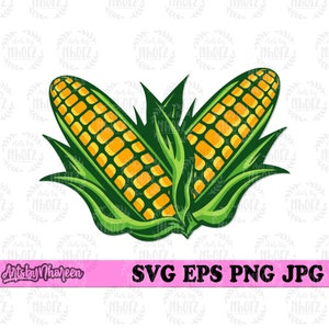 May include: A vector illustration of two ears of corn. The corn kernels are yellow and the husks and leaves are green. The image includes the text "SVG EPS PNG JPG" and the artist's name.