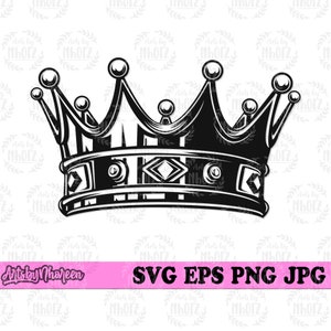 May include: A black and white illustration of a crown with a detailed design. The crown has a pointed top and a band with a geometric pattern.