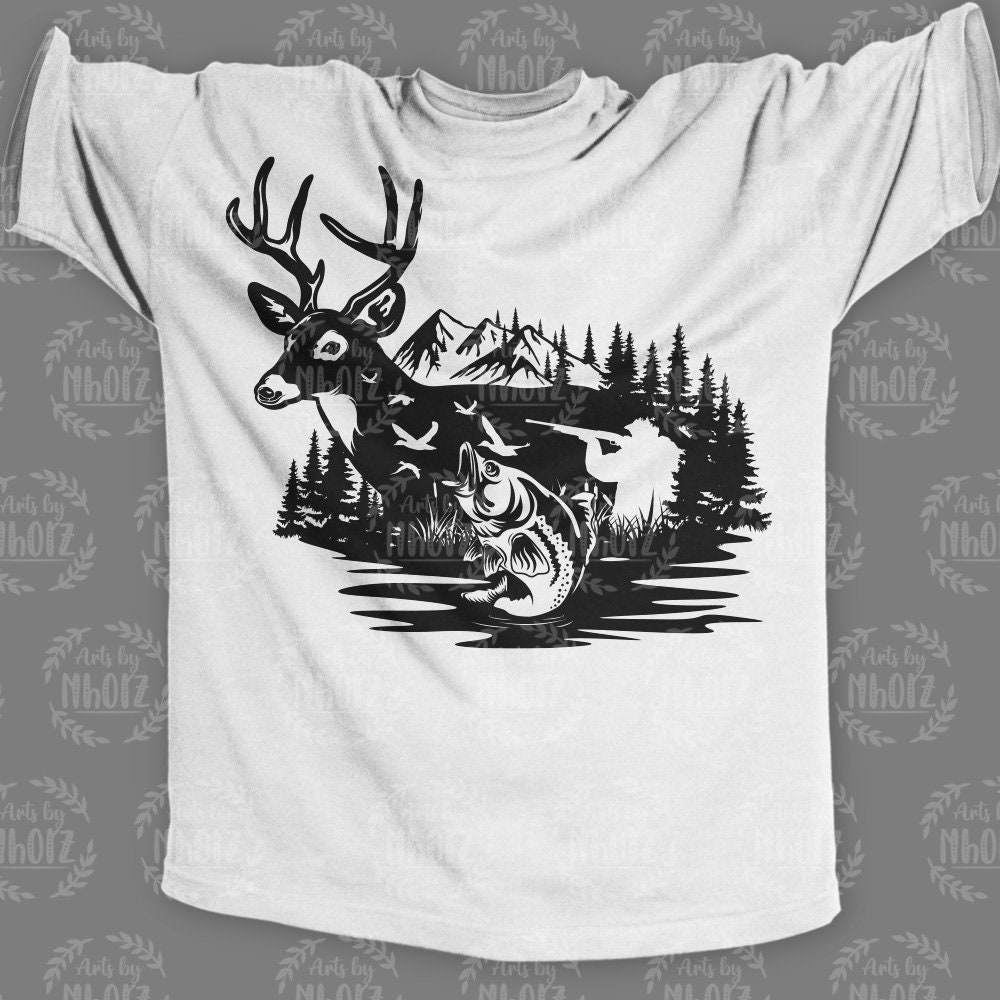 Deer Duck Fish Hunting Svg, Hunter T-shirt Design Png, Outdoor Scene  Clipart, Lake View Cut File, Camping Life Stencil, Antler Gift Idea Dxf 