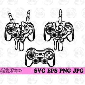 May include: Black and white illustration of three video game controllers. Two controllers are held by skeletal hands making peace signs. The third controller is a standard design.