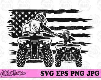 May include: Black and white silhouette of two people riding quad bikes in front of a distressed American flag. The people are wearing helmets and are holding onto the handlebars of their quad bikes. The quad bikes are facing the viewer and are driving towards the right side of the image.